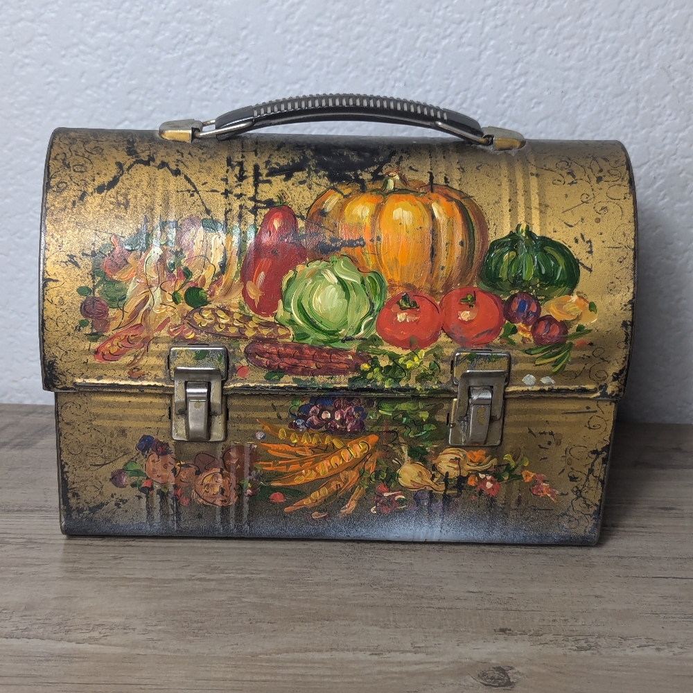 Vintage Folkart  Metal Aladin Lunchbox Vegetable Motif
